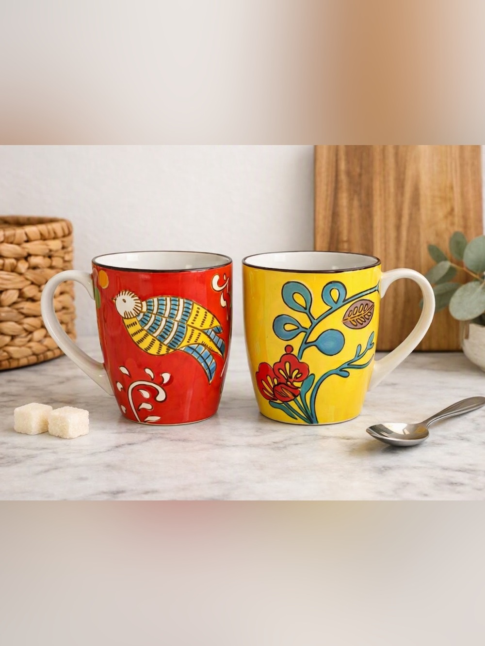 Hand-Painted Ceramic Red and Yellow Floral Mugs - Set of 2 from World Market